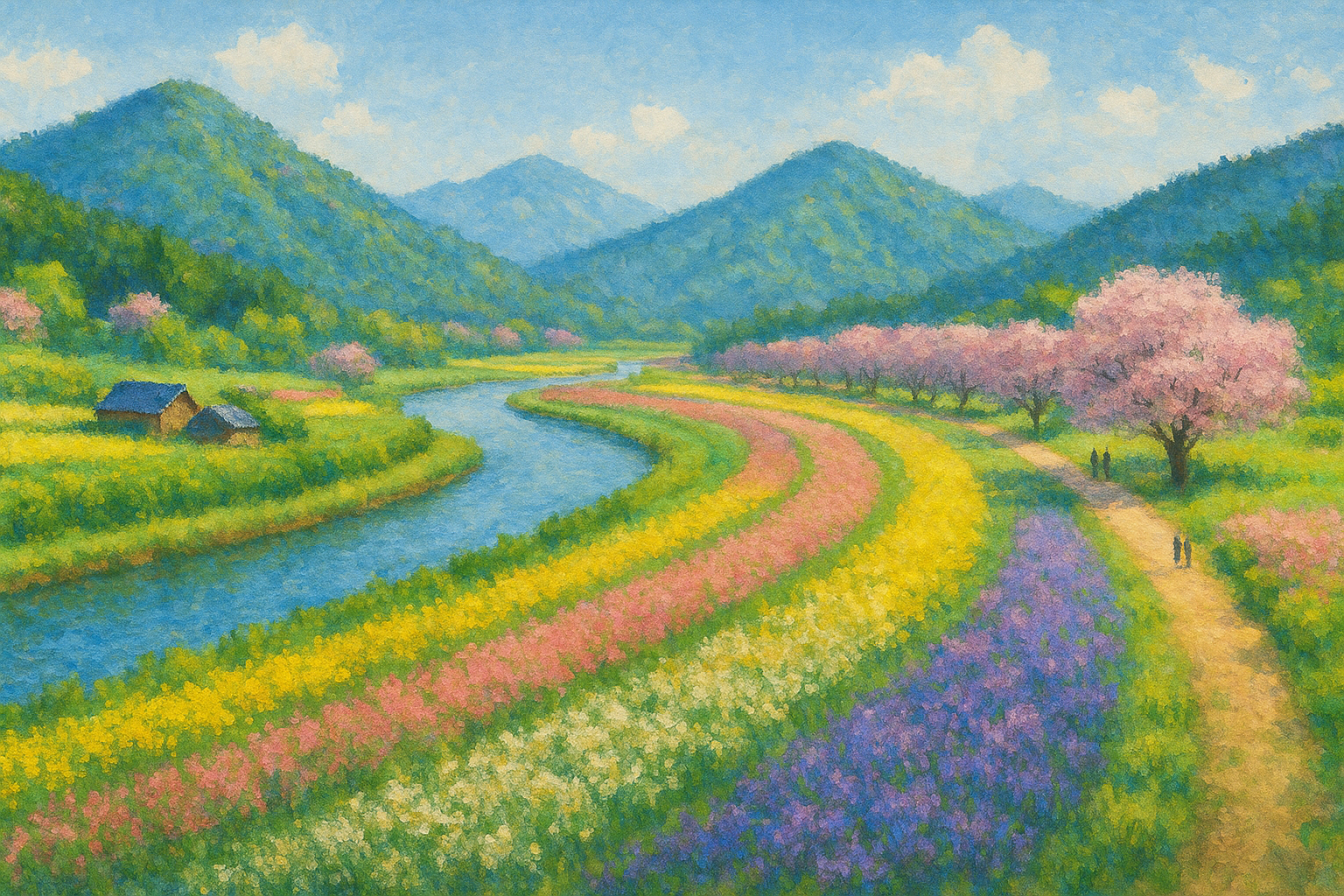S字の川と、紫と白の花帯が続く春の里山（花織里）