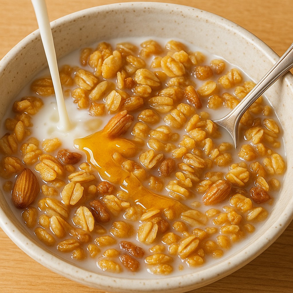 グラノーラにミルクとはちみつを合わせた朝食ボウル