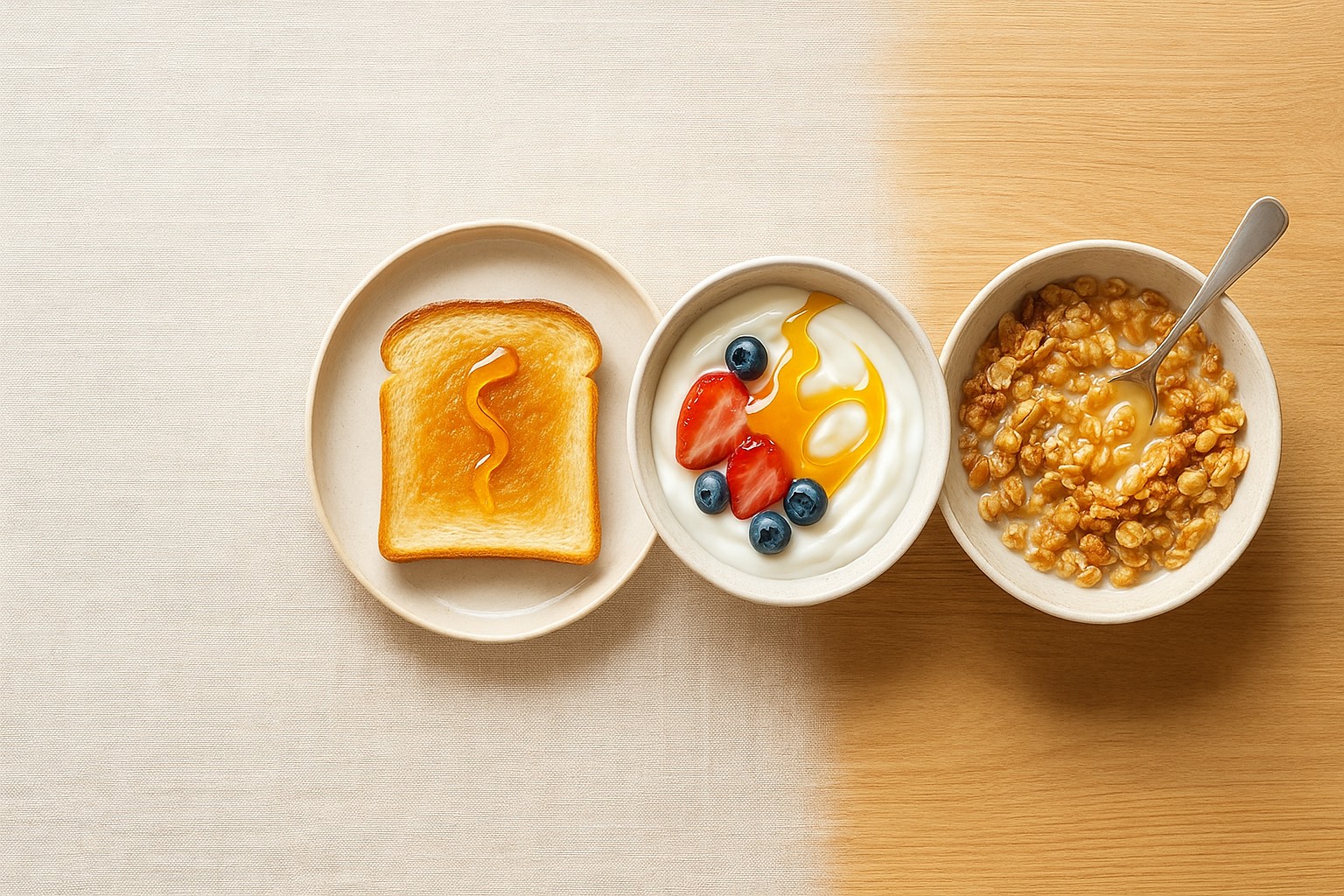 トースト・ヨーグルト・グラノーラに生はちみつを合わせた朝食3パターン