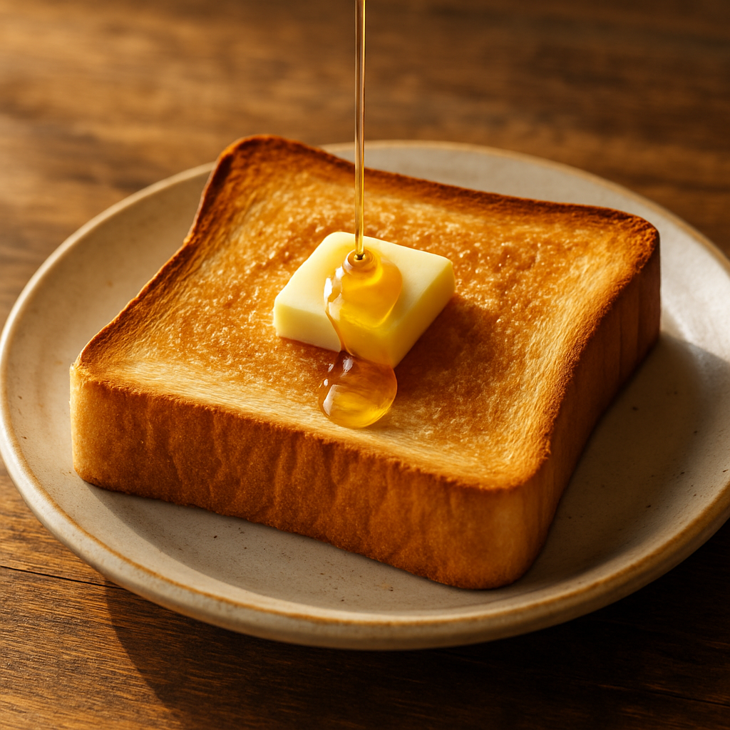 トーストに百花を細く垂らす(朝の食卓カット)。