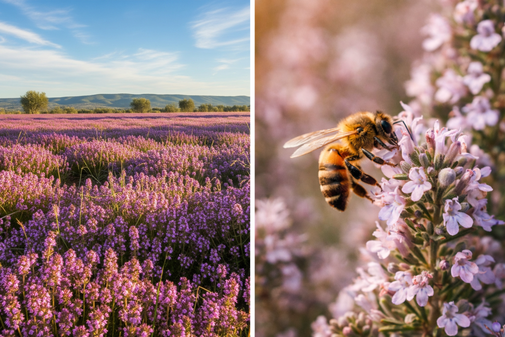 タイム畑とタイムの花に訪れるミツバチ