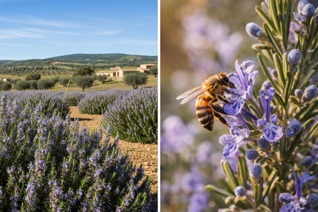 ラベンダー畑とラベンダーの花に訪れるミツバチ