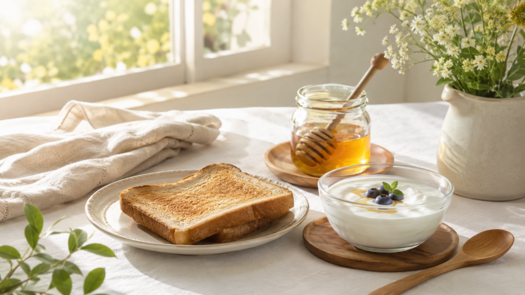 やわらかい朝の食卓、窓から優しい朝日が差し込む、トースト、ヨーグルト、はちみつ、白いテーブルクロス、木製カトラリー。